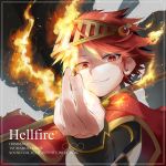  1boy capelet evil_smile fire flame holding holding_weapon looking_at_viewer negi-mamire red_capelet red_eyes redhead short_hair smile solo sound_voltex tagme tsumabuki_right weapon 