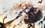  1girl :3 animal_ears arknights armor bangs black_gloves black_hairband black_shirt black_skirt blonde_hair blush breastplate commentary eyebrows_visible_through_hair feet_out_of_frame floating_hair gloves grey_background hairband highres holding holding_shield holding_weapon knee_pads long_hair long_sleeves looking_at_viewer mecha_(alswp) nearl_(arknights) pauldrons shield shirt sidelocks skirt skirt_set smile solo tail vambraces weapon yellow_eyes 