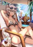  1girl absurdres animal_ear_fluff animal_ears arknights arm_behind_head arm_up armpits banana bangs bare_arms bare_legs bare_shoulders beach_umbrella bikini black_hair blue_sky breasts chair checkered checkered_bikini cliffheart_(arknights) commentary cup day drinking_glass drinking_straw eyewear_on_head feet_out_of_frame food fruit grey_eyes hair_between_eyes hand_up highres holding holding_cup huge_filesize ihan jewelry knee_up leopard_ears leopard_tail looking_at_viewer medium_breasts multicolored_hair navel no_hat no_headwear palm_tree pendant pineapple short_hair silver_hair sitting sky smile solo stomach streaked_hair sunglasses swimsuit tail thighs tree umbrella 