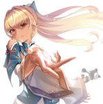 1girl blonde_hair blue_bow blue_dress bow china_dress chinese_clothes closed_mouth dark_skin dress english_commentary eyebrows_visible_through_hair foreshortening hair_bow highres hololive kintsuba_(flare_channel) light_particles light_smile long_hair looking_at_viewer outstretched_hand pointy_ears ponytail reaching_out red_eyes rocoroco1115 shiranui_flare short_dress shoulder_cutout simple_background smile solo tassel upper_body virtual_youtuber white_background white_hair wide_sleeves 