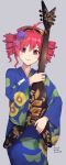  1girl ahoge blue_kimono blush commentary cowboy_shot dated drill_hair electric_guitar floral_print flower grey_background guitar hair_flower hair_ornament highres holding holding_instrument hydrangea instrument japanese_clothes kasane_teto kimono lipstick looking_at_viewer makeup red_eyes redhead sarasa_(kanbi) signature smile solo standing sunflower sunflower_print twin_drills utau 