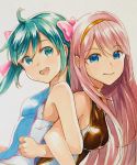  2girls aqua_hair back-to-back blue_eyes bow clenched_hand closed_mouth commentary competition_swimsuit exercise from_side hair_bow hairband hatsune_miku highres leaning_forward locked_arms long_hair looking_at_another looking_at_viewer mayo_riyo megurine_luka multiple_girls one-piece_swimsuit open_mouth pink_bow pink_hair shirt sleeveless sleeveless_shirt smile swimsuit twintails upper_body vocaloid 
