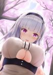  1girl amano_kusatsu azur_lane bangs black_hairband blunt_bangs blush breasts center_frills cherry_blossoms commentary_request day dido_(azur_lane) earrings eyebrows_visible_through_hair from_below hairband highres jewelry large_breasts long_hair looking_at_viewer looking_down maid outdoors pov shirt silver_hair solo spring_(season) tree under_boob underboob_cutout violet_eyes white_shirt 