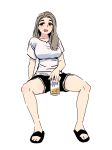 1girl beer_can black_eyes blush breasts brown_hair can drunk full_body hair_over_shoulder impossible_clothes impossible_shirt invisible_chair large_breasts long_hair original royal_tea sandals shirt shorts sitting solo t-shirt white_background 