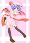  1girl bat_wings black_footwear black_legwear blue_hair commentary_request hat izu looking_at_viewer mary_janes mob_cap open_mouth puffy_short_sleeves puffy_sleeves red_eyes remilia_scarlet sash shoes short_hair short_sleeves smile solo thigh-highs touhou wings zettai_ryouiki 