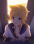  1boy backlighting black_collar black_sleeves blonde_hair blue_eyes blush chin_grab collar collared_shirt commentary detached_sleeves door furrowed_eyebrows kagamine_len looking_at_viewer male_focus master_(vocaloid) necktie nervous nokuhashi open_door pov sailor_collar shirt short_ponytail short_sleeves spiky_hair upper_body vocaloid white_shirt yellow_neckwear 