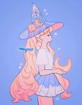  1girl artist_name bangs bishoujo_senshi_sailor_moon blonde_hair blue_background blue_sky closed_eyes cloud_print cowboy_shot crescent_moon double_bun eyebrows_visible_through_hair hat holding long_hair meyoco moon partially_immersed petals pleated_skirt print_skirt profile shirt short_sleeves simple_background skirt sky solo sparkle transparent transparent_headwear tsukino_usagi very_long_hair white_shirt witch_hat 