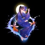  1girl amberdl animal_print bangs black_background black_hair blue_kimono fan fate/grand_order fate_(series) fish fish_print goldfish highres holding holding_fan ishtar_(fate)_(all) ishtar_(fate/grand_order) japanese_clothes kimono long_hair obi paper_fan parted_bangs print_kimono red_eyes sash solo two_side_up uchiwa wide_sleeves 