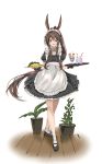  1girl absurdres alternate_costume amiya_(arknights) animal_ears apron arknights artist_name bangs black_dress blue_eyes brown_hair bunny_girl commentary crossed_legs dress drinking_straw english_commentary enmaided eyebrows_visible_through_hair flower_pot food glass hair_between_eyes highres holding holding_plate kuini loafers long_hair looking_at_viewer maid maid_headdress omurice open_mouth parfait plant plate ponytail rabbit_ears shoes short_hair sidelocks simple_background socks solo very_long_hair waist_apron watson_cross white_background white_legwear wooden_floor 