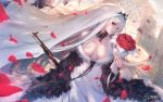  1girl absurdres bangs bare_shoulders bouquet breasts bridal_veil bride commentary_request cross detached_collar dress flower girls_frontline gun hair_between_eyes highres holding kar98k_(girls_frontline) lace large_breasts long_hair looking_at_viewer off_shoulder parted_lips petals red_eyes red_flower rifle signature solo standing tama_yu tiara veil very_long_hair weapon white_dress white_hair window 