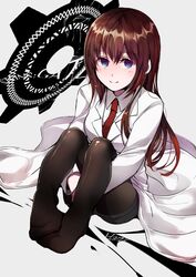  1girl artist_name bangs black_legwear black_shorts blue_eyes collared_shirt copyright_name grey_background hana_(h6n6_matsu) highres knees_up labcoat long_hair long_sleeves looking_at_viewer makise_kurisu necktie no_shoes on_floor pantyhose red_eyes red_neckwear shirt shorts simple_background smile solo steins;gate white_shirt 