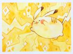  commentary creature electricity english_commentary full_body gen_1_pokemon jumping no_humans pikachu pokemon pokemon_(creature) solo spaded-square sparkle yellow_background yellow_theme 