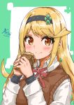  1girl absurdres alternate_costume aotsuba bangs blonde_hair blush brown_vest casual collared_shirt contemporary earrings eyebrows_visible_through_hair food food_request green_background hairband highres mythra_(xenoblade) jewelry long_hair looking_at_viewer neck_ribbon no_gloves red_neckwear ribbon shirt smile solo swept_bangs vest white_background white_shirt xenoblade_(series) xenoblade_2 yellow_eyes 