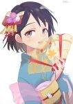  1girl :d bangs black_eyes black_hair blue_kimono blush bob_cut bow brown_eyes bunny_hair_ornament commentary dated fan flat_chest folding_fan hagoromo hair_bow hair_ornament holding holding_fan idolmaster idolmaster_cinderella_girls japanese_clothes kimono leaf_print looking_at_viewer looking_to_the_side maple_leaf_print obi open_mouth parted_bangs raised_eyebrows ranyues sasaki_chie sash see-through shawl short_hair signature simple_background smile solo upper_body white_background yellow_obi yukata 