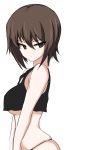  1girl absurdres aikir_(jml5160) bangs black_panties black_shirt breasts brown_eyes brown_hair closed_mouth commentary crop_top from_side girls_und_panzer half-closed_eyes highres light_frown looking_at_viewer medium_hair nishizumi_maho panties shirt short_hair simple_background skindentation solo standing tank_top under_boob underwear underwear_only upper_body white_background 