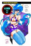  1990s_(style) 1998 1girl armlet blue_eyes blue_hair choker copyright_name crossed_arms dated dragon_horns dragon_master_silk full_body gloves horns kajiyama_hiroshi long_hair one_eye_closed panties pantyshot pointy_ears solo underwear very_long_hair 