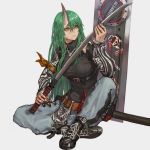  1girl alternate_costume ankle_boots arknights arm_ribbon bangs belt black_footwear black_shirt boots breasts brown_belt brown_ribbon chinese_commentary commentary_request green_hair grey_background grey_pants hair_between_eyes hand_up highres holding holding_sword holding_weapon horn hoshiguma_(arknights) indian_style jewelry katana long_hair long_sleeves medium_breasts necklace pants ribbon scabbard sheath shirt simple_background sitting solo sword weapon yellow_eyes youzu_(youzuyozu) 