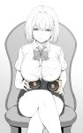  1girl bob_cut bow bowtie breasts button_gap chair crossed_legs greyscale hair_ornament hairclip hairclip_onee-san_(sky_(freedom)) highres large_breasts looking_at_viewer monochrome original pleated_skirt school_uniform shirt short_hair short_sleeves sitting skirt sky_(freedom) smile solo spot_color taut_clothes taut_shirt video_card white_background 