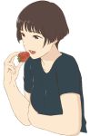  1girl bob_cut breasts brown_eyes brown_hair food fruit gake_no_ue_no_ponyo graphite_(medium) jas lisa_(ponyo) open_mouth shirt short_hair simple_background smile solo strawberry traditional_media white_background 