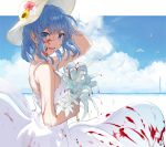  1girl blood blood_on_face blood_on_flower bloody_clothes blue_eyes blue_hair blue_sky bouquet breasts clouds dress empty_eyes flower hat hews_hack highres hololive horizon hoshimachi_suisei sky sleeveless sleeveless_dress solo suisei_channel sun_hat sundress virtual_youtuber 
