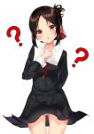  1girl ? absurdres arm_behind_back bangs black_dress blush chestnut_mouth commentary_request covered_navel cowboy_shot dress folded_ponytail hair_ribbon hand_on_own_chest head_tilt highres hiruno_ushiro kaguya-sama_wa_kokurasetai_~tensai-tachi_no_renai_zunousen~ long_sleeves open_mouth panties pantyshot pantyshot_(standing) parted_bangs red_eyes red_ribbon ribbon shinomiya_kaguya short_hair sidelocks simple_background solo standing underwear upskirt white_background white_panties 