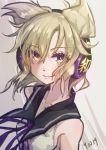  1girl bangs bare_shoulders blonde_hair breasts collarbone commentary_request dated earmuffs eyebrows_visible_through_hair grey_background hair_between_eyes looking_at_viewer neck_ribbon pointy_hair purple_neckwear purple_ribbon ribbon short_hair sleeveless small_breasts smile solo syuri22 touhou toyosatomimi_no_miko upper_body yellow_eyes 