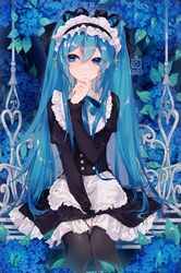  1girl absurdres apron bench between_legs black_dress blue_eyes blue_flower blue_hair blue_theme commentary cowboy_shot cross_hair_ornament dress english_commentary flower frilled_headband frilled_skirt frills hair_ornament half-closed_eyes hand_between_legs hand_on_own_chin hatsune_miku highres huge_filesize hydrangea leaf long_sleeves looking_to_the_side maid maid_headdress making-of_available oncha pantyhose sitting skirt solo vocaloid 