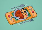  artist_name curry food fork green_background meyoco nintendo_switch no_humans original pikachu plaid plate simple_background sparkle spoon 