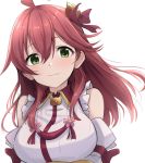  1girl ahoge bare_shoulders breasts closed_mouth detached_sleeves frills green_eyes hair_between_eyes hair_over_shoulder highres hololive long_hair looking_at_viewer moyashi_tomozuku pink_hair sakura_miko solo upper_body virtual_youtuber white_background 