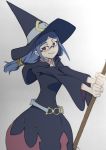  1girl arai_hiroki belt blue_hair broom commentary_request glasses hair_tubes hat highres holding holding_broom little_witch_academia long_hair looking_to_the_side red_eyes robe scan simple_background smile solo traditional_media ursula_charistes white_background white_belt wide_sleeves witch witch_hat 