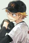  1boy baseball baseball_cap baseball_mitt baseball_uniform black_headwear blonde_hair blush from_side grey_background hankuri hat holding long_sleeves male_focus mihashi_ren ookiku_furikabutte parted_lips shirt short_sleeves simple_background solo sportswear sweat white_shirt 