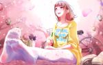  1girl bicycle brown_hair cherry_blossoms drink feet flower ground_vehicle highres medium_hair natsui_tuna no_shoes original petals pink_theme plum_blossoms socks soles spring_(season) toes tree white_legwear 