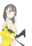  1girl black_hair breasts candy food girls_frontline gun highres jacket jacket_on_shoulders lollipop long_hair looking_at_viewer multicolored multicolored_eyes multicolored_hair nue0 orange_eyes ro635_(girls_frontline) solo sweater weapon white_background yellow_eyes yellow_jacket 