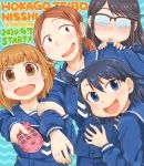  5girls black_hair blush brown_hair commentary_request controller fang glasses hodaka_natsumi houkago_teibou_nisshi kuroiwa_yuuki multiple_girls oono_makoto open_mouth remote_control school_uniform takagi_hideaki tsurugi_hina wave_print 