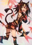  1girl :o absurdres animal_ears autumn_leaves bare_shoulders bare_thighs black_hair black_shorts cat_ears cat_tail commentary_request copyright_request detached_sleeves highres holding kaamin_(mariarose753) leaf looking_at_viewer looking_back open_mouth short_shorts shorts simple_background tail yellow_eyes 