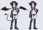  1girl black_choker black_eyes black_footwear black_hair black_legwear choker clenched_hand closed_mouth dated demon_girl demon_tail demon_wings detached_sleeves gem grey_background hand_on_hip highres horns medium_hair navel original pointy_ears rabbit_monster red_eyes simple_background solo standing tail thigh-highs wings 