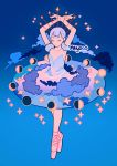  1girl armpits arms_up artist_name ballerina ballet bangs blue_background closed_eyes clouds crescent_moon dancing expressionless full_body full_moon gibbous_moon gradient gradient_background half_moon meyoco moon moon_phases new_moon original pink_footwear pointe_shoes purple_hair solo standing star 