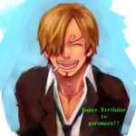  1boy asuma_(sorawomai) asymmetrical_bangs bangs beard black_neckwear blonde_hair blue_background brown_jacket cigarette closed_eyes collar collarbone collared_shirt eyebrows facial_hair happy happy_birthday jacket male_focus necktie one_piece open_mouth sanji shirt simple_background smile solo straight_hair teeth two-tone_background upper_body white_background white_shirt 