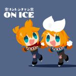  1boy 1girl :d blonde_hair blue_background blue_eyes bow brother_and_sister chibi hair_bow hair_ornament hairclip highres ice_skates kagamine_len kagamine_rin kaorin_minogue mittens open_mouth scarf siblings skates skating smile sweater twins vocaloid 