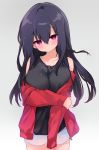  1girl absurdres black_hair black_tank_top braid breasts commentary_request grey_background highres jacket kurimochi_chizuru large_breasts long_hair off_shoulder original red_jacket short_shorts shorts simple_background solo tank_top violet_eyes white_shorts 