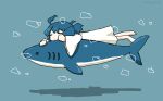  1girl absurdres ahoge blue_background blue_hair bubble closed_eyes creature_and_personification double-parted_bangs dress fins fish_tail gills hanging_on_another head_fins highres long_hair original personification relaxing shark shark_fin shark_tail simple_background sleeping solo swimming tail tokiwa_(914) underwater white_dress 