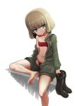  1girl absurdres artist_name bangs barefoot bikini black_footwear blonde_hair blue_eyes boots closed_mouth commentary_request emblem eyebrows_visible_through_hair fang flat_chest footwear_removed girls_und_panzer green_jumpsuit head_tilt highres holding_footwear insignia jumpsuit katyusha_(girls_und_panzer) korean_commentary leg_up long_sleeves looking_at_viewer military military_uniform navel off_shoulder open_clothes open_jumpsuit pravda_(emblem) red_bikini short_hair short_jumpsuit signature simple_background sitting skindentation smirk solo strapless strapless_bikini swimsuit uniform white_background ydg_(eorbsaos1004) 