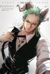  1boy adjusting_clothes adjusting_necktie bespectacled black_neckwear black_pants black_vest chain closed_mouth collar collared_shirt copyright_name dywx_poison earrings glasses green_hair highres horns jewelry long_sleeves looking_at_viewer male_focus necktie one_eye_closed one_piece pants roronoa_zoro scar scar_across_eye shirt short_hair simple_background solo standing vest white_background white_shirt 