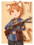  1boy absurdres ahoge androgynous animal_ear_fluff animal_ears brown_eyes brown_hair cat_ears cat_tail eyebrows_visible_through_hair fang gun highres holding holding_gun holding_weapon looking_at_viewer military military_uniform short_hair simple_background skin_fang solo suzushiro_(gripen39) tail uniform weapon 