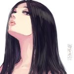  1girl artist_logo black_hair long_hair looking_at_viewer nude original parted_lips pink_lips portrait shu-mai simple_background solo upper_body violet_eyes white_background 