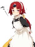  1girl :o alternate_costume apron arms_behind_back bangs benienma_(fate/grand_order) blush chata_maru_(irori_sabou) commentary_request enmaided eyebrows_visible_through_hair fate/grand_order fate_(series) highres horn long_hair long_sleeves looking_at_viewer low_ponytail maid maid_apron maid_dress maid_headdress open_mouth puffy_sleeves red_eyes redhead ribbon simple_background solo very_long_hair white_background yellow_ribbon 