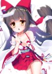  1girl absurdres animal_ears azur_lane backless_outfit bangs bare_legs bare_shoulders black_hair blurry_foreground blush bow breasts brown_eyes cherry_blossoms chestnut_mouth collarbone commentary_request cowboy_shot detached_sleeves eyebrows_visible_through_hair falling_petals floating_hair fox_ears gohei hair_bow hakama hakama_skirt harutsuki_(azur_lane) highres holding_stick japanese_clothes long_hair looking_up low-tied_long_hair miko miniskirt mizuha_mina multicolored_hair nontraditional_miko obi open_mouth purple_hair red_bow red_hakama red_skirt ribbon ribbon-trimmed_sleeves ribbon_trim rudder_footwear sash shadow shide sidelocks simple_background skirt small_breasts solo standing tabi two-tone_hair upper_teeth very_long_hair white_background white_legwear white_sleeves wide_sleeves 