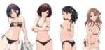  3: 4girls :d aqua_eyes asakura_tooru ass bangs bikini black_bikini black_hair breasts brown_eyes brown_hair choker closed_mouth commentary cowboy_shot earrings fukumaru_koito gin00 hair_ornament hairclip highres higuchi_madoka ichikawa_hinana idolmaster idolmaster_shiny_colors jewelry large_breasts long_hair looking_at_viewer medium_breasts mole mole_under_eye multi-strapped_bikini multiple_girls open_mouth parted_bangs short_hair side-tie_bikini side_bun simple_background small_breasts smile strapless strapless_bikini swimsuit twintails violet_eyes white_background white_bikini 