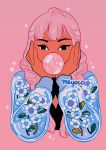  1girl artist_name bangs black_eyes braid bubble_blowing cropped_torso dark_skin flower lazy_eye leaf long_hair meyoco original partially_immersed pink_background pink_hair simple_background solo sparkle twin_braids upper_body white_flower 