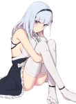  1girl anchor_choker apron azur_lane bangs bare_shoulders black_hairband black_skirt blunt_bangs blush breasts center_frills choker closed_mouth dido_(azur_lane) elfenlied22 frilled_choker frills hairband highres knees_up large_breasts legs long_hair looking_at_viewer maid shirt simple_background sitting skirt sleeveless sleeveless_shirt solo thigh-highs violet_eyes white_apron white_background white_hair white_legwear white_shirt 